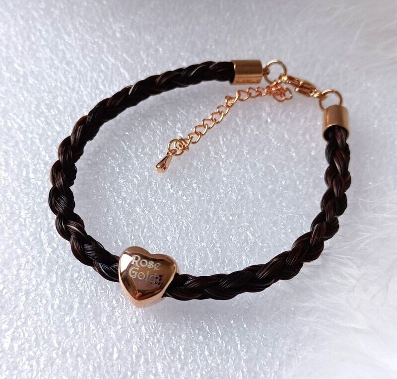 Horsehair keepsake bracelet made using your own horses hair with a personalised heart charm bead. Stainless steel Rose Gold coloured findings. Memory jewellery