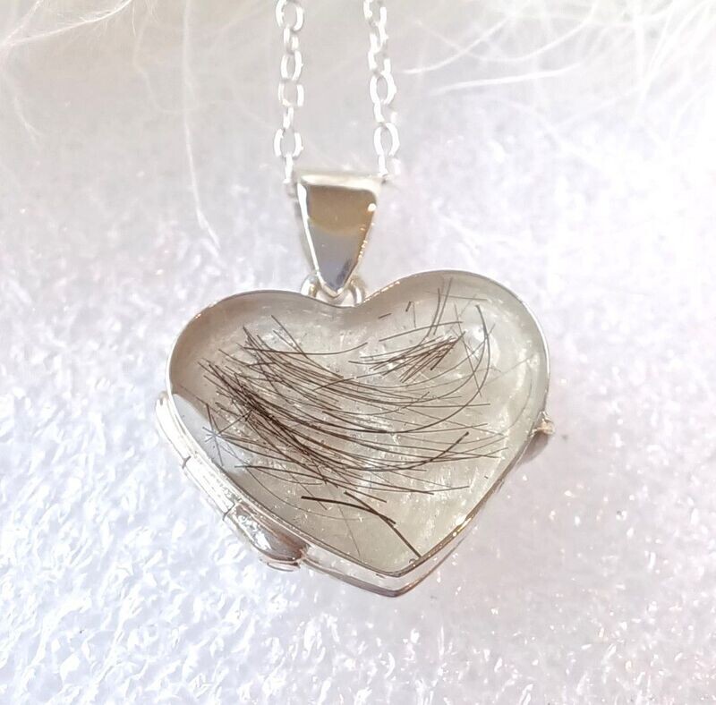 Sterling Silver heart locket pendant and chain to contain a stone encapsulating the hair, fur or ashes you send me.  Memorial Jewellery Keepsake Jewellery