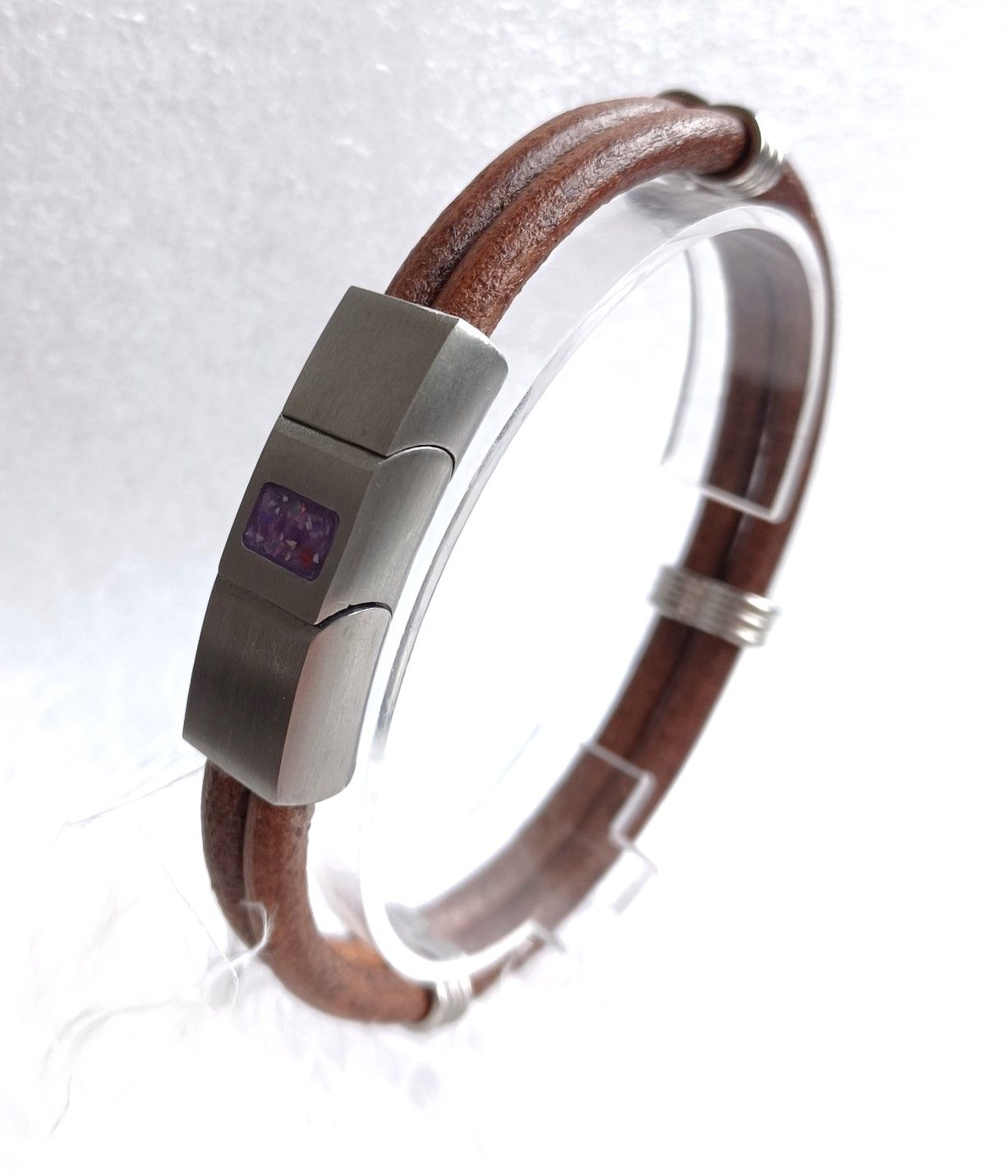 Two strand  leather bracelet with stainless steel clasp. Inlay for hair or ashes - Memorial jewellery. Men's jewellery can be Engraved Personalised