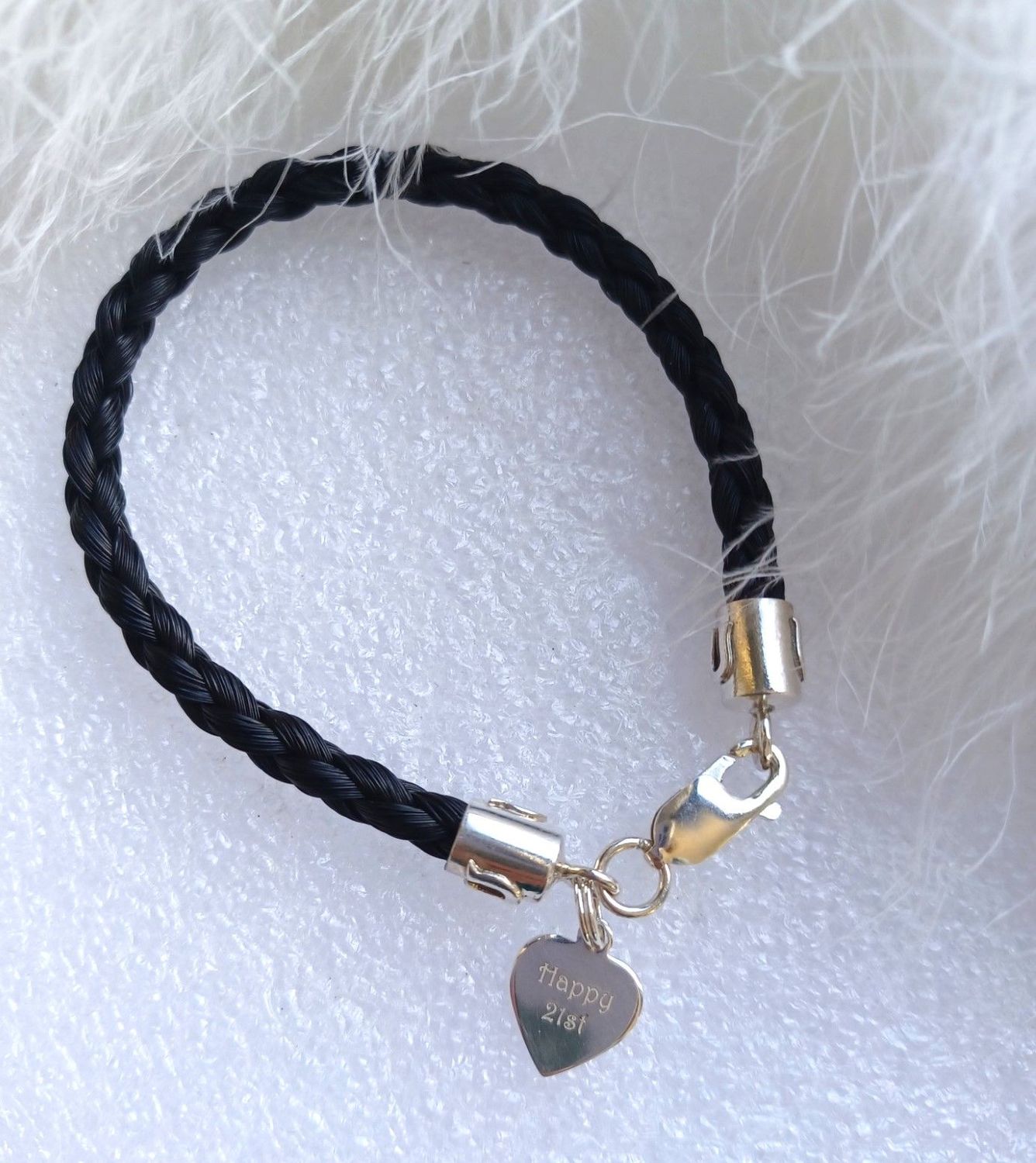 Horsehair keepsake bracelet made using your own horses hair with a personalised heart tag. Sterling silver findings. Memory jewellery