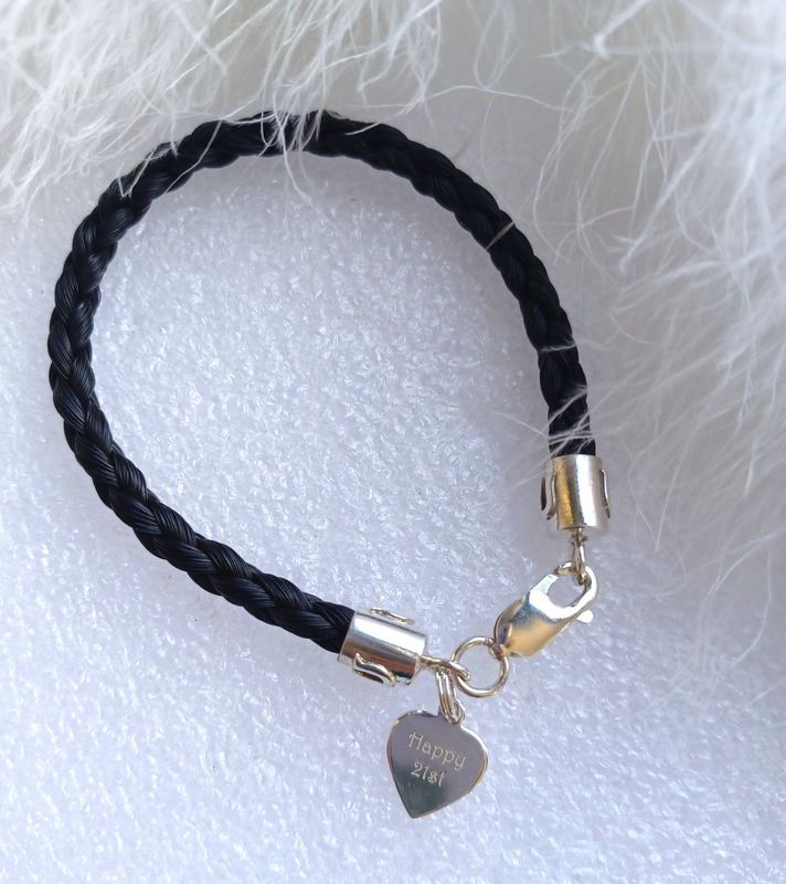 Horsehair keepsake bracelet made using your own horses hair with a personalised heart tag. Sterling silver findings. Memory jewellery