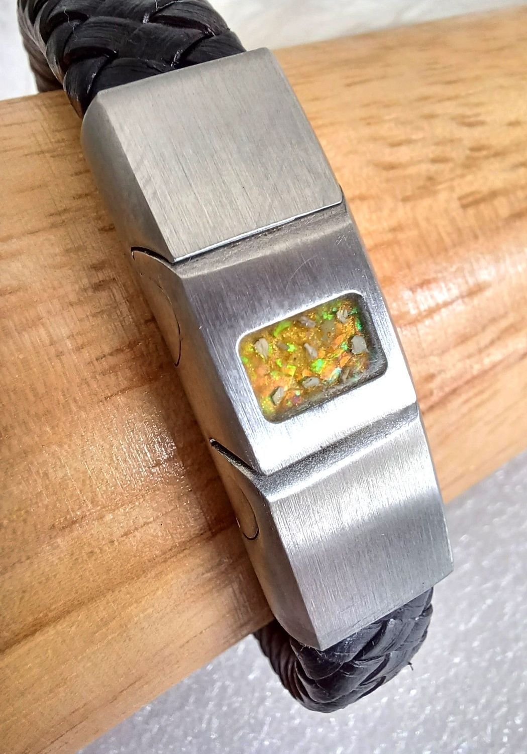 ENGRAVED Two 5mm strand Leather Bracelet with you choice of inlay Rec, Paw or Heart for inclusions, Which Inlay: Rectangle (8x6mm)