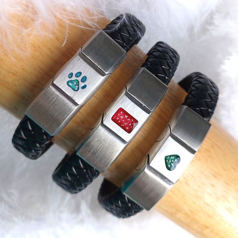 Flat braided leather bracelet with stainless steel clasp. Inlay for hair or ashes - Memorial jewellery. Men's jewellery can be Engraved Personalised
