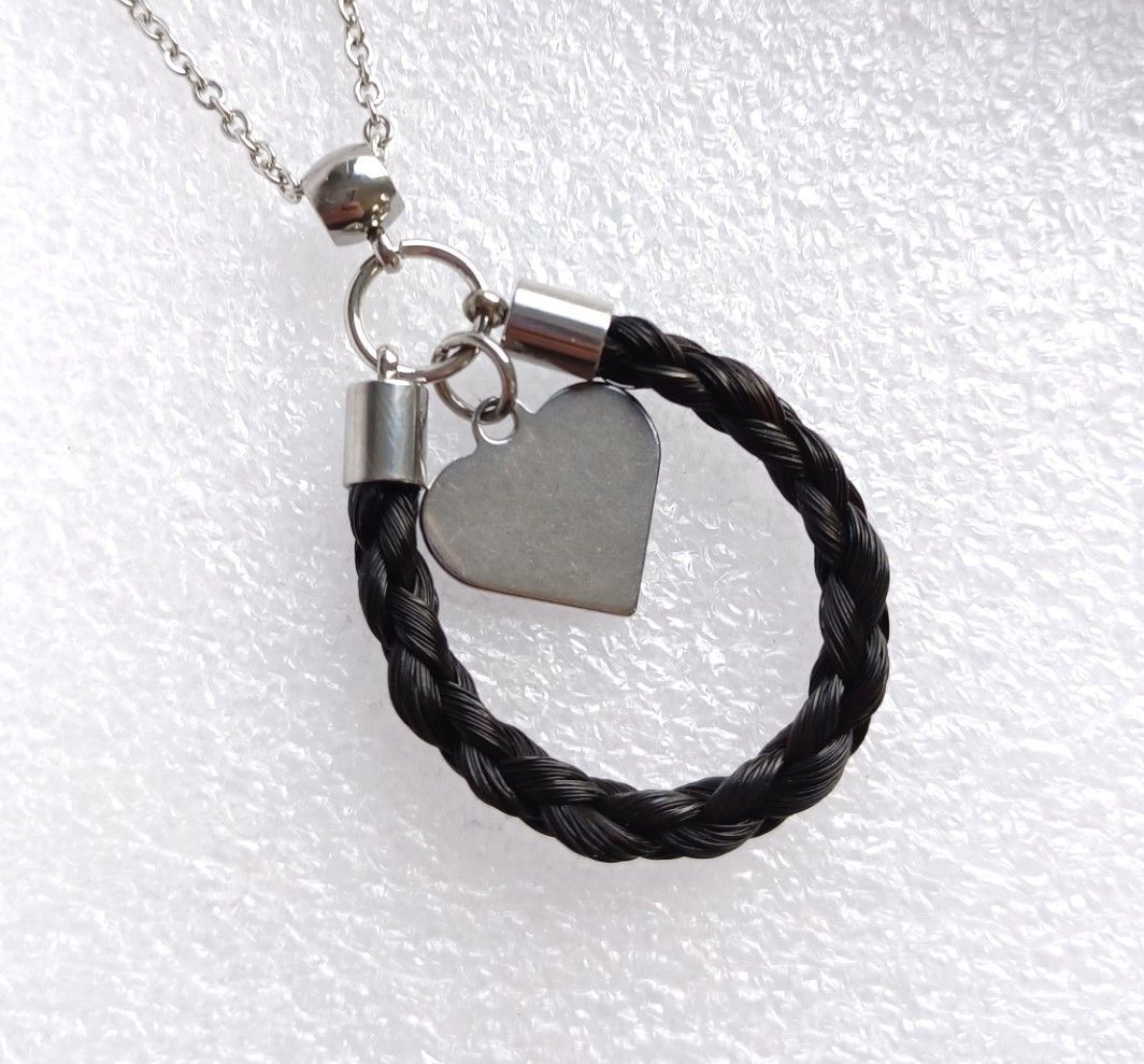Horsehair stainless steel pendant and chain with personalised heart tag memory jewellery keepsake jewellery