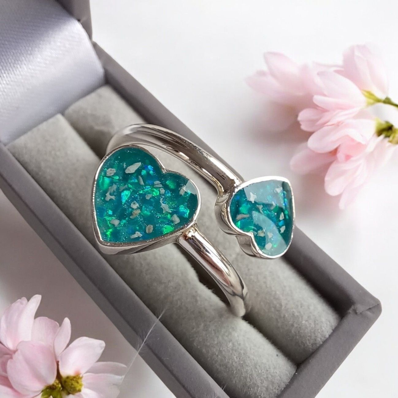 Sterling Silver Adjustable double heart ring.  Memorial jewellery. To contain the hair or ashes you send me. Ashes jewellery