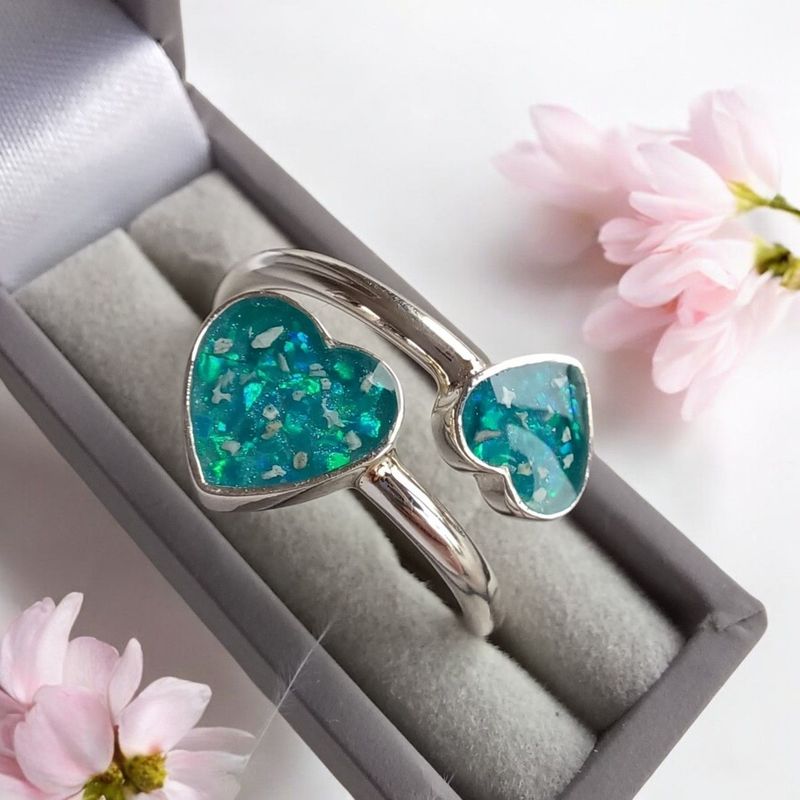 Sterling Silver Adjustable double heart ring.  Memorial jewellery. To contain the hair or ashes you send me. Ashes jewellery
