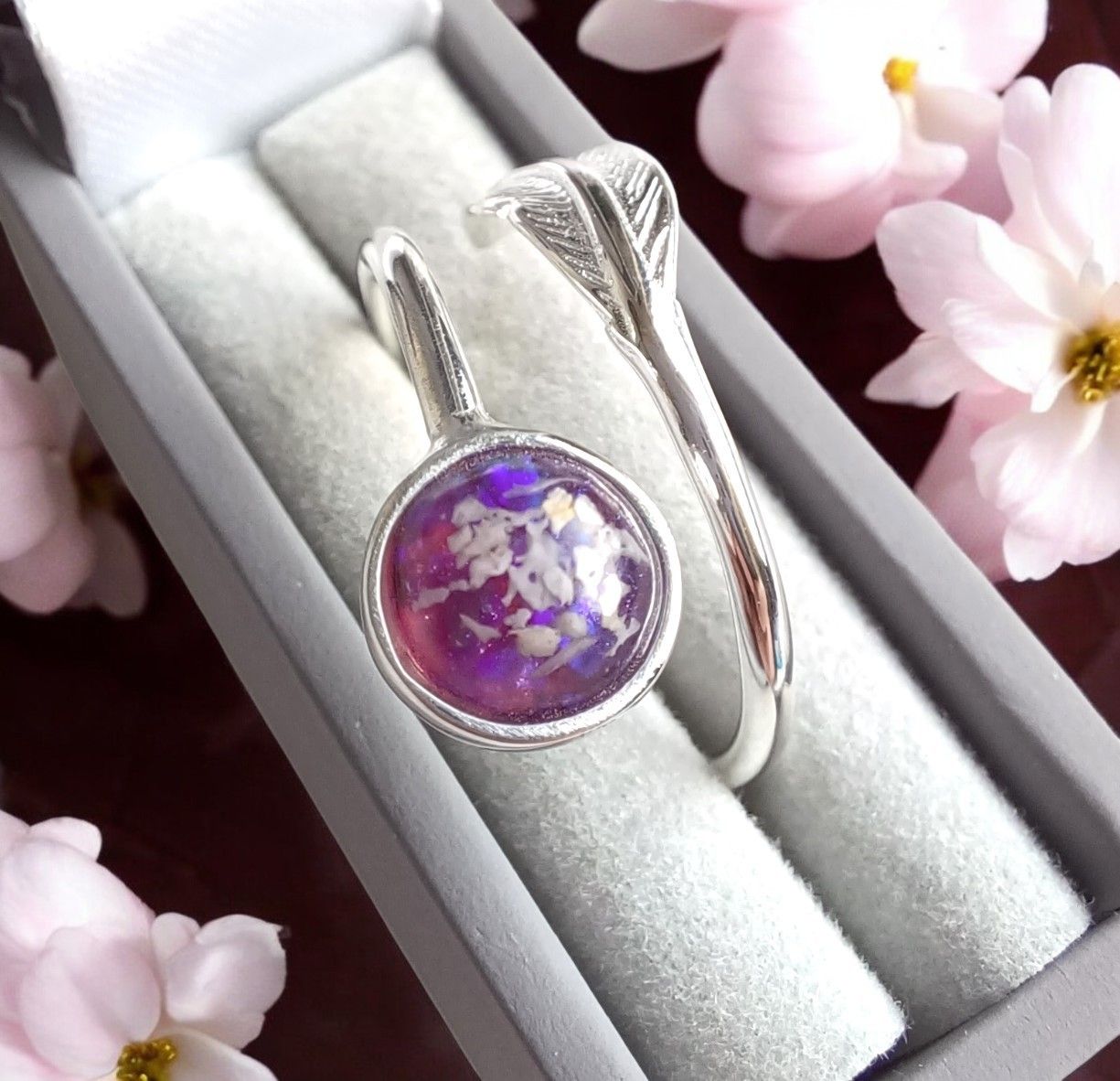 Sterling Silver adjustable ring with feather detail to contain the hair, fur or ashes you send. Memorial ring, Keepsake Ring