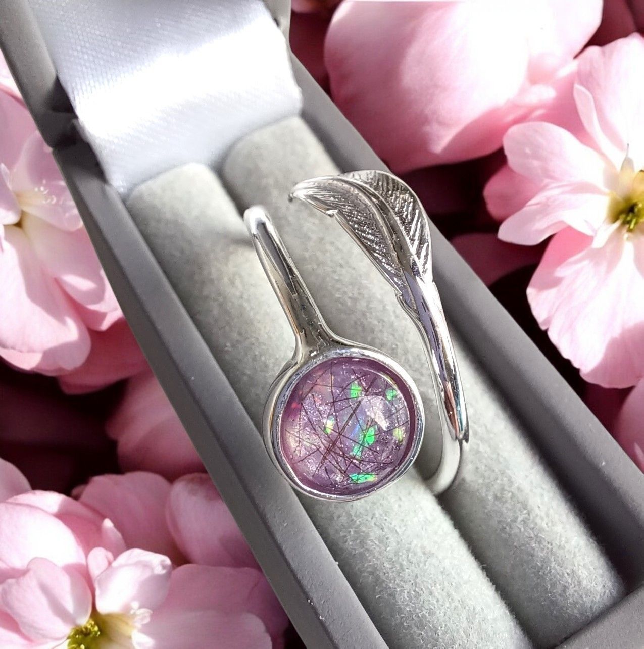 Sterling Silver adjustable ring with feather detail to contain the hair, fur or ashes you send. Memorial ring, Keepsake Ring