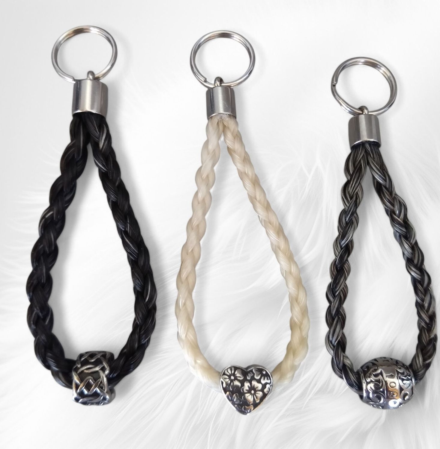 Braided Horsehair key charm using the horse hair you send me.  Can include a charm bead and an engraved heart charm. Keepsakes horsehair jewellery