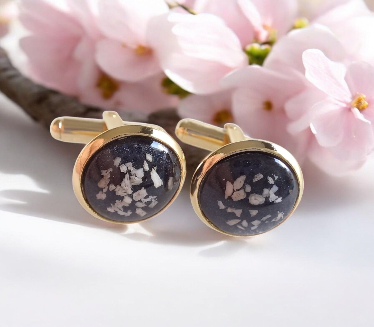 Stainless steel Gold coloured cufflinks each to  contain a stone encapsulating the  fur, hair or ashes you provide. Keepsake Jewellery. Memorial Jewellery. Memory Jewellery. Great for taking your lost relatives to your wedding 