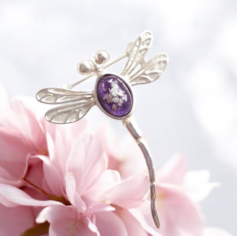 Sterling Silver small dragon fly brooch to contain a stone encapsulating the hair, fur or ashes you send me.  Memorial Jewellery Keepsake Jewellery