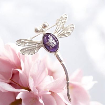 Sterling Silver small dragon fly brooch to contain a stone encapsulating the hair, fur or ashes you send me.  Memorial Jewellery Keepsake Jewellery