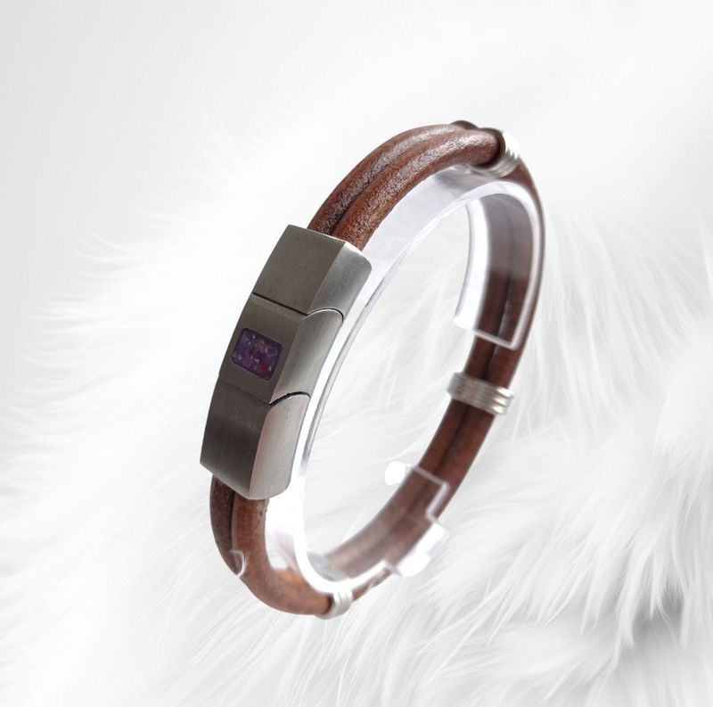 Two strand  leather bracelet with stainless steel clasp. Inlay for hair or ashes - Memorial jewellery. Men's jewellery can be Engraved Personalised