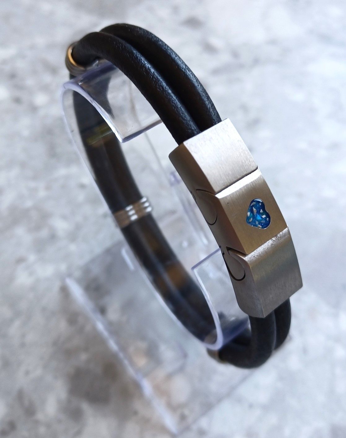 Two strand  leather bracelet with stainless steel clasp. Inlay for hair or ashes - Memorial jewellery. Men's jewellery can be Engraved Personalised