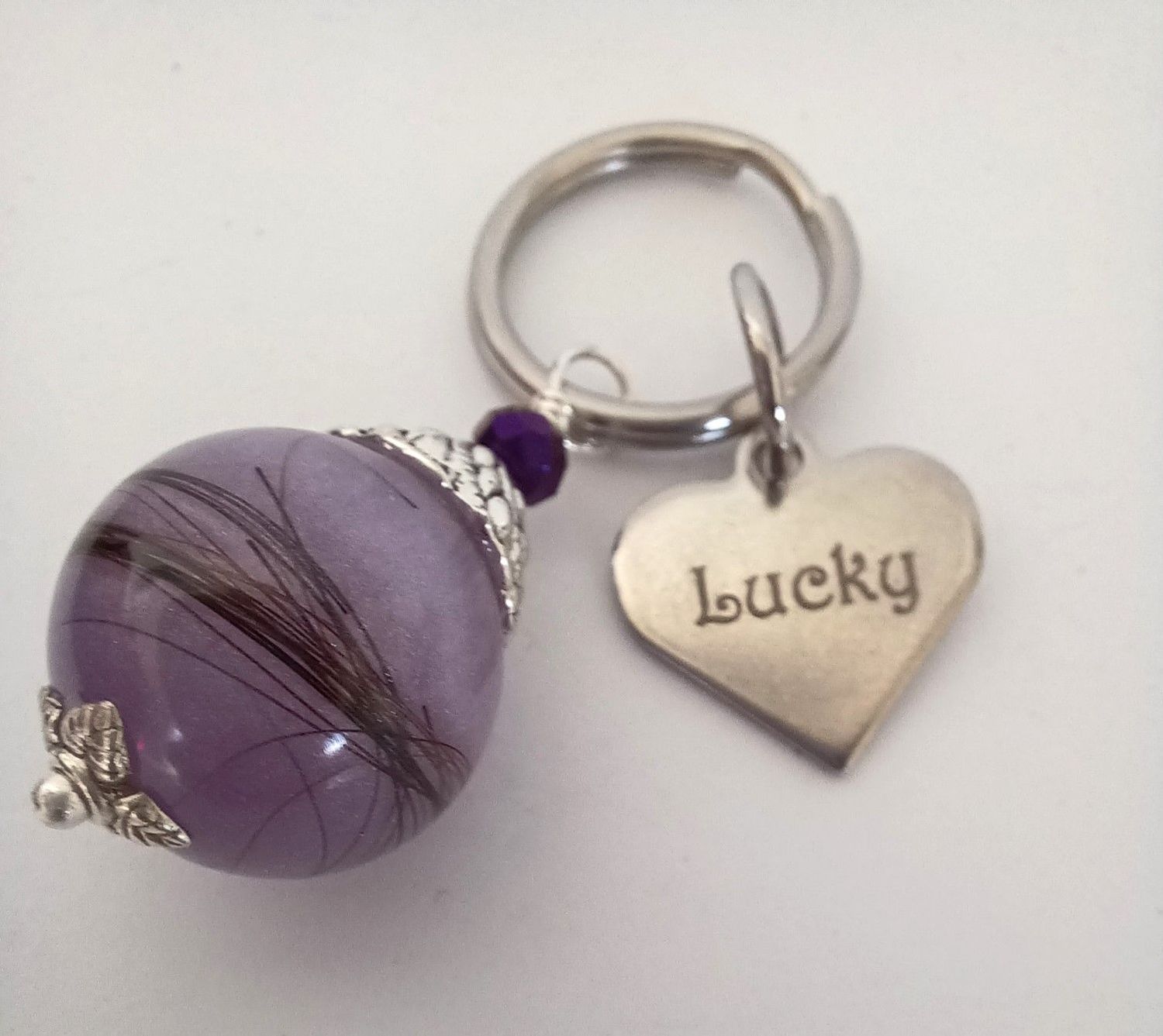 Key Charm 16mm Sphere to encapsulate HAIR ONLY with Engraved heart tag