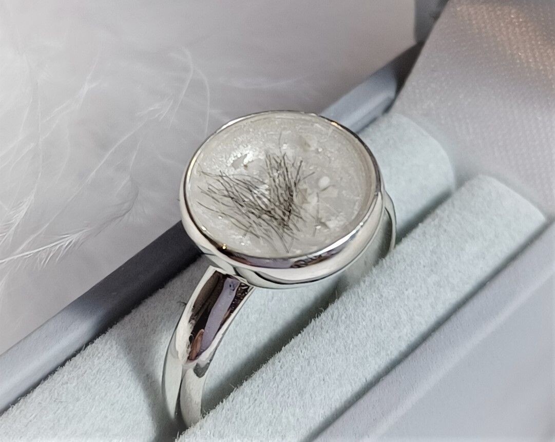 Sterling silver  ring  with a stone containing the hair, fur or ashes you send me.  Memorial jewellery, Keepsake Jewellery