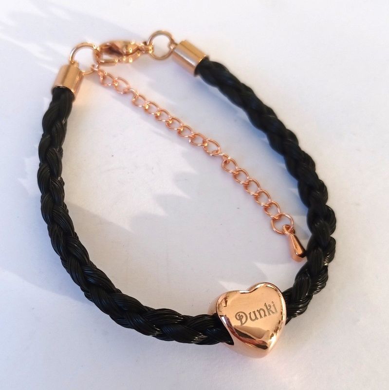 ENGRAVED HORSE HAIR Braided bracelet 4 strands ROSE GOLD stainless steel heart