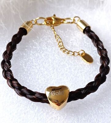 Horsehair keepsake bracelet made using your own horses hair with a personalised heart charm bead. Stainless steel Gold coloured findings. Memory jewellery