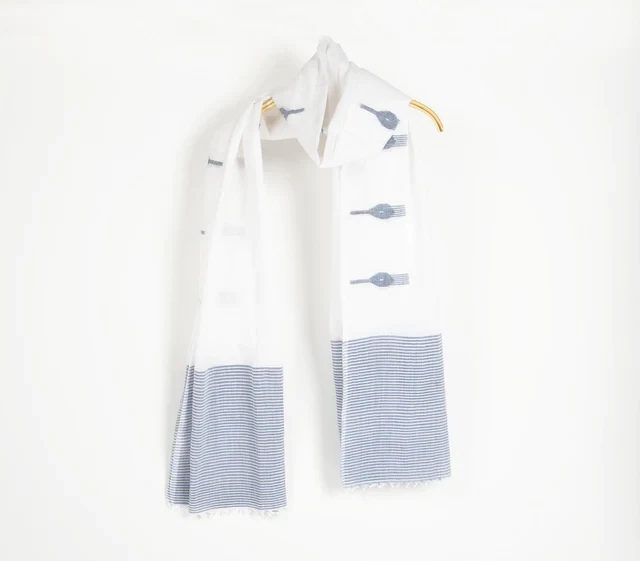 Handloom Cotton Steel Blue &amp; Ivory Scarf