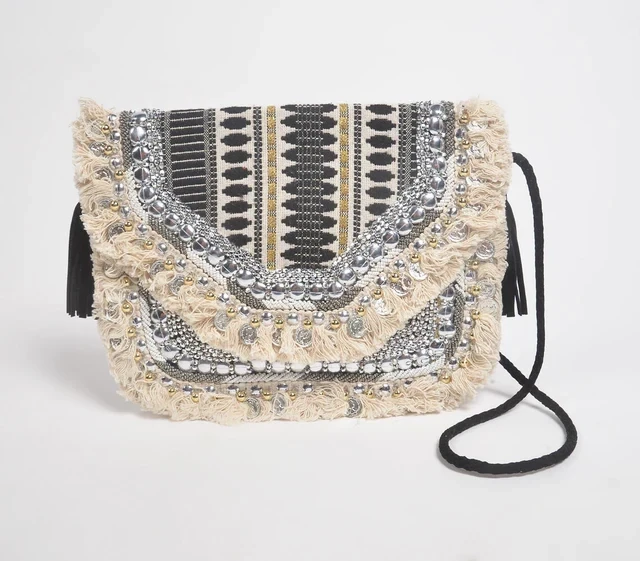 Metallic Sequin Embellished &amp; Fringed Sling bag