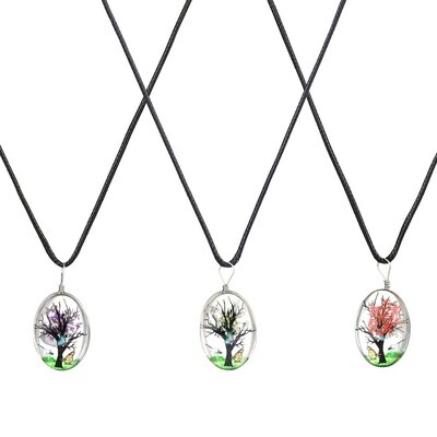 Oval Blooming Tree Glass Pendant Necklace