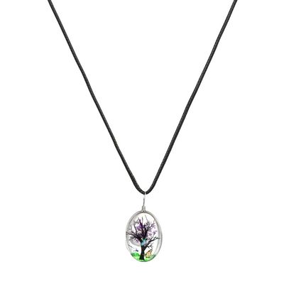Oval Blooming Tree Glass Pendant Necklace