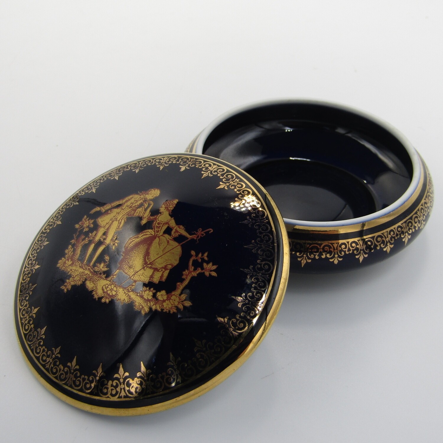 Vintage Limoges blue and gold porcelain tinket bowl with lid.