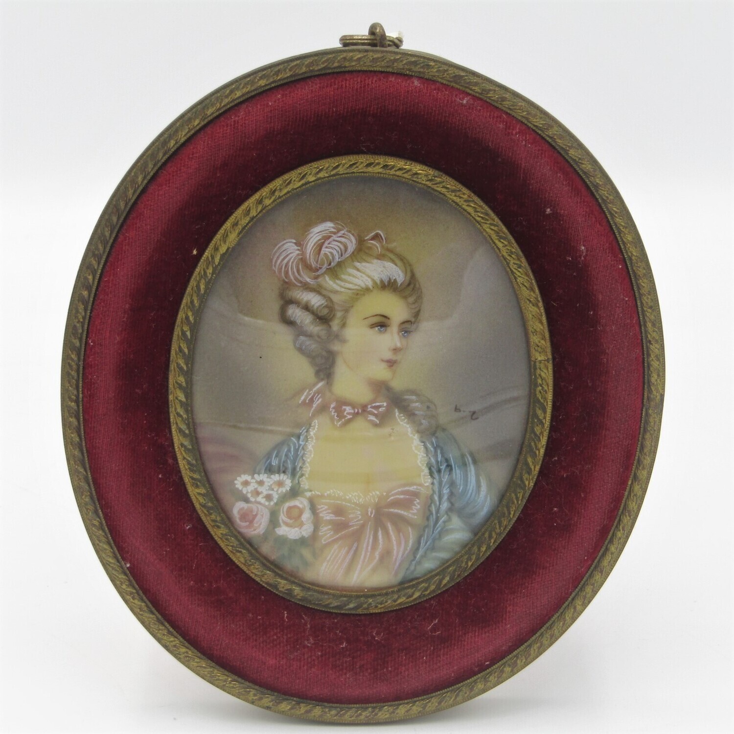 19th Century hand painted portrait in brass and velvet frame signed B.Z