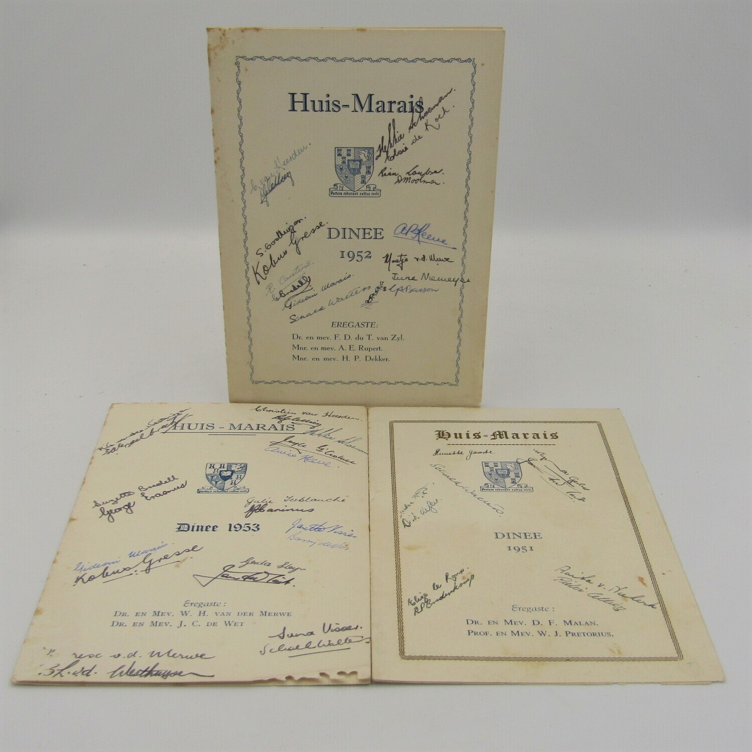 Huis Marais Stellenbosch Dinee 1951, 1952 and 1953 - programs Signed by attendees a rare find
