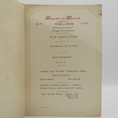 Lanzerac Raadon's Hotel Spyskaart 1967 - 3 gang maaltyd Spyskaart R1-75 Koffie 10 c ekstra