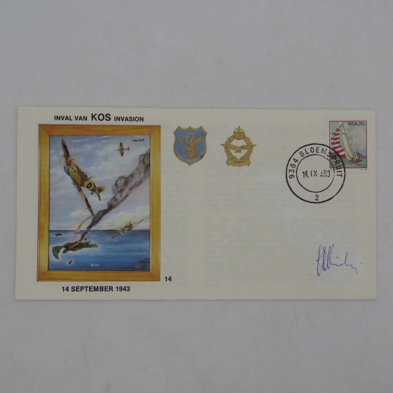 Invasion of K O S cover no 549 of 10000 flown in an Impala of 7 squadron - Signed