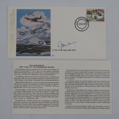 Spitfire 50 years cover flown in spitfire PT672 COVER NO 909 OF 8000 Signed by DSO EDFC recipient LTCol. JPM Faure