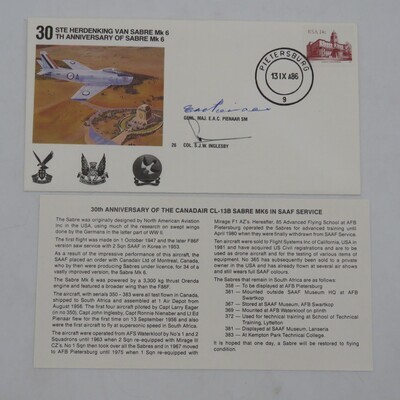 30th anniversary of the Sabre Mk6 flown in a mirage 3cz of 2 squadron no 1472 of 6000 signed by Genl Maj EAC Pienaar col SJW Inglesby