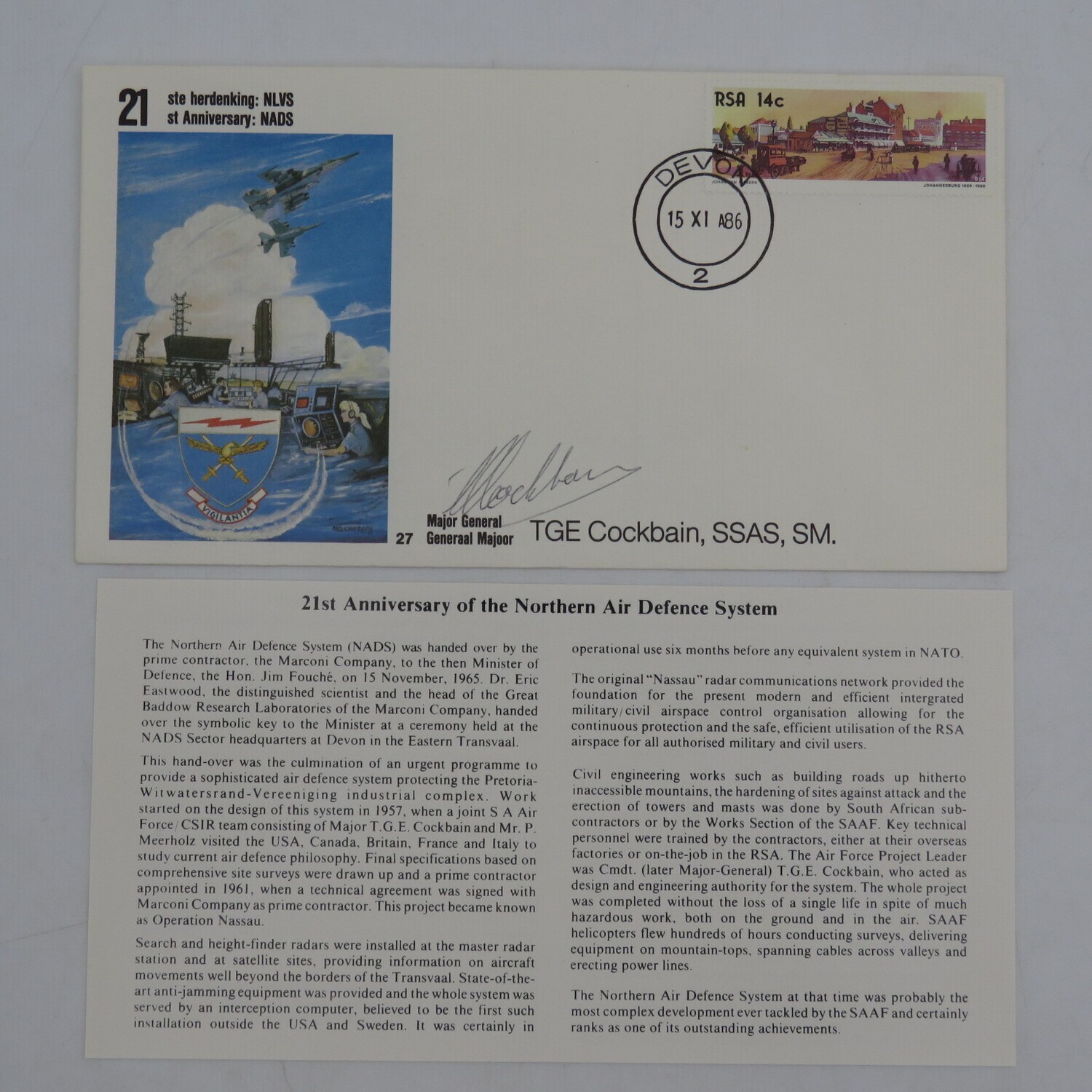 21st Anniversary of NADS no 2398 of 7000 flown in a Sikorsky 555 helicopter and signed by Major General TGE Cockbain