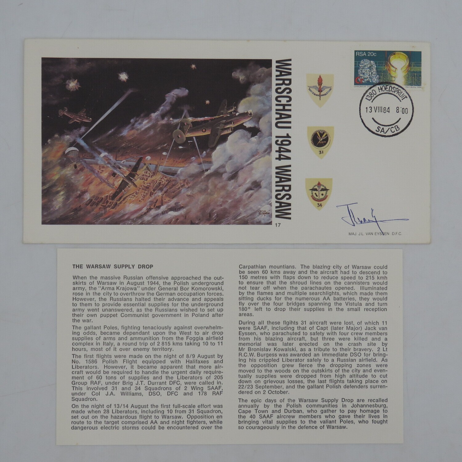 Warschau 1944 flown cover no 1926 of 10000 - Flown in Puma of 31 Squadron and signed by DFC recipient Maj JC van Eyssen