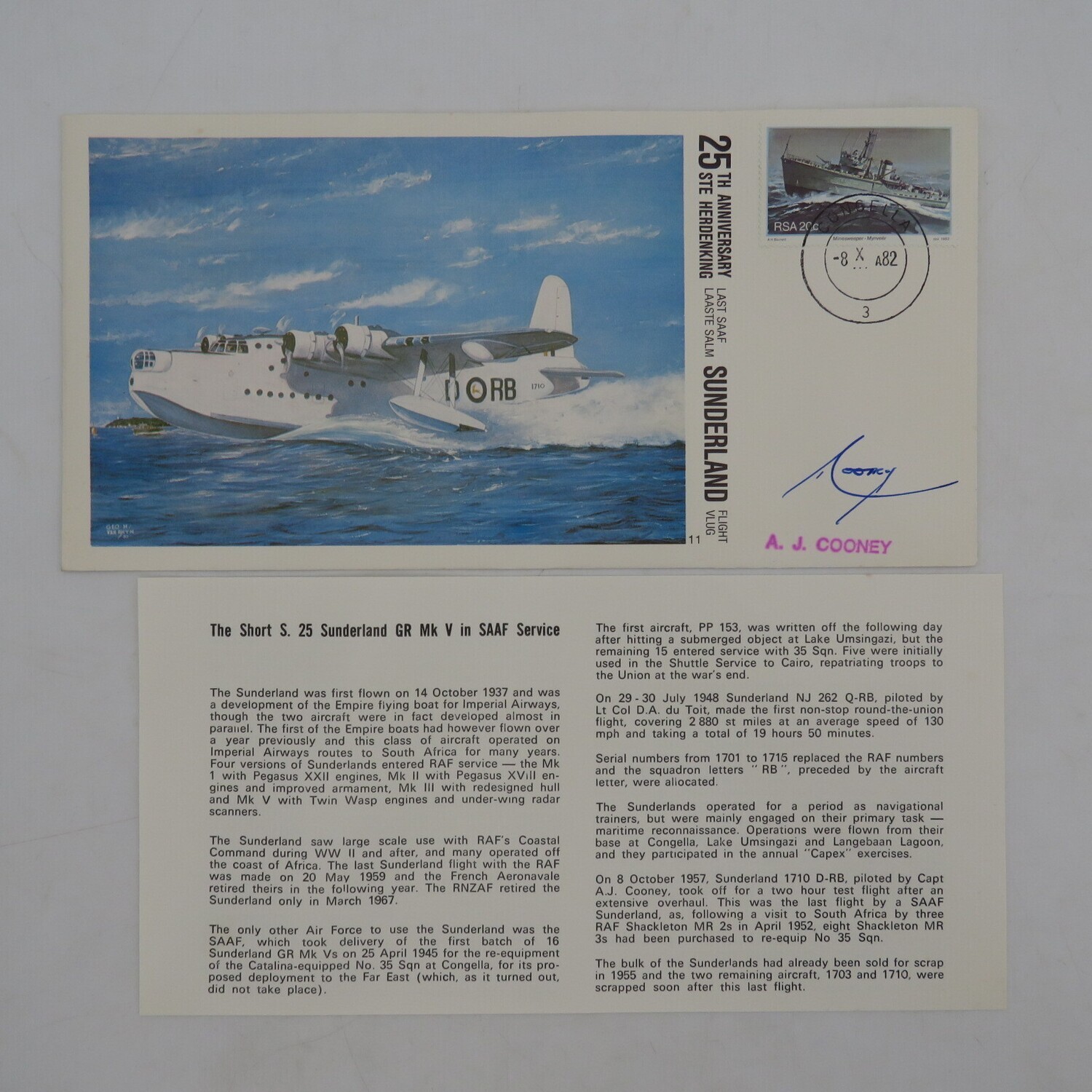 Last Sunderland flight flown cover - Flown in Shackleton - no 2725 of 3000 signed by AJ Cocney