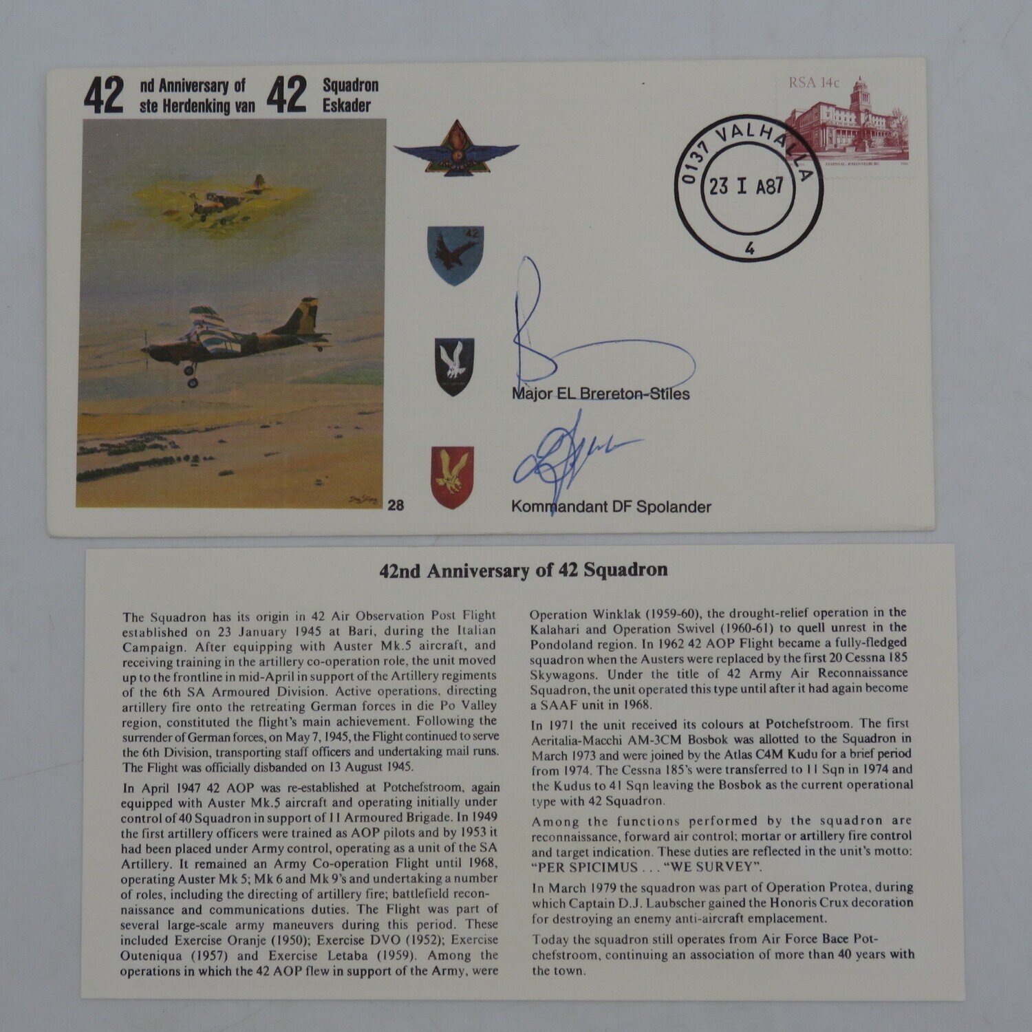42nd anniversary of 42 squadron no 1765 of 7000 flown in a AUSTER AOP MK 5 and signed by major EL Brereton - Stiles and Kommandant DF Spolander
