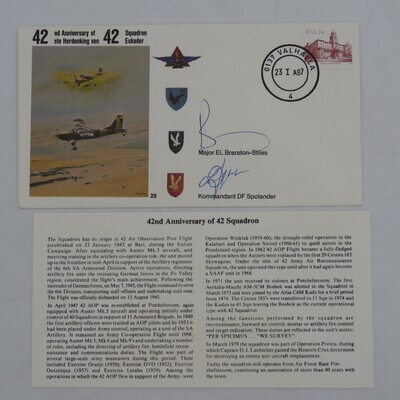 42nd anniversary of 42 squadron no 1765 of 7000 flown in a AUSTER AOP MK 5 and signed by major EL Brereton - Stiles and Kommandant DF Spolander
