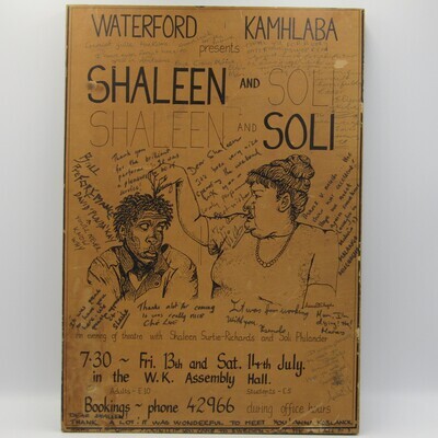 Framed poster for the play Shaleen and Soli (Shaleen Surtie Richards and Soli Philander) signed by cast / crew - a piece of Africana