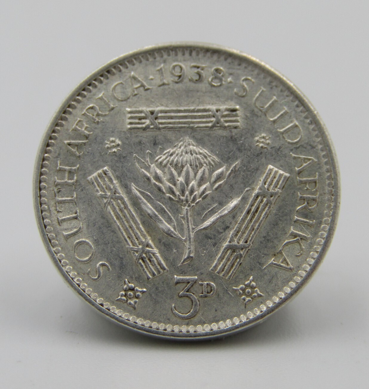 South Africa 1938 tickey 3d AU with mint lustre