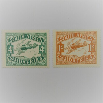 South Africa 1929 Airmail Issue
4d &amp; 1S mint stamps - unhinged