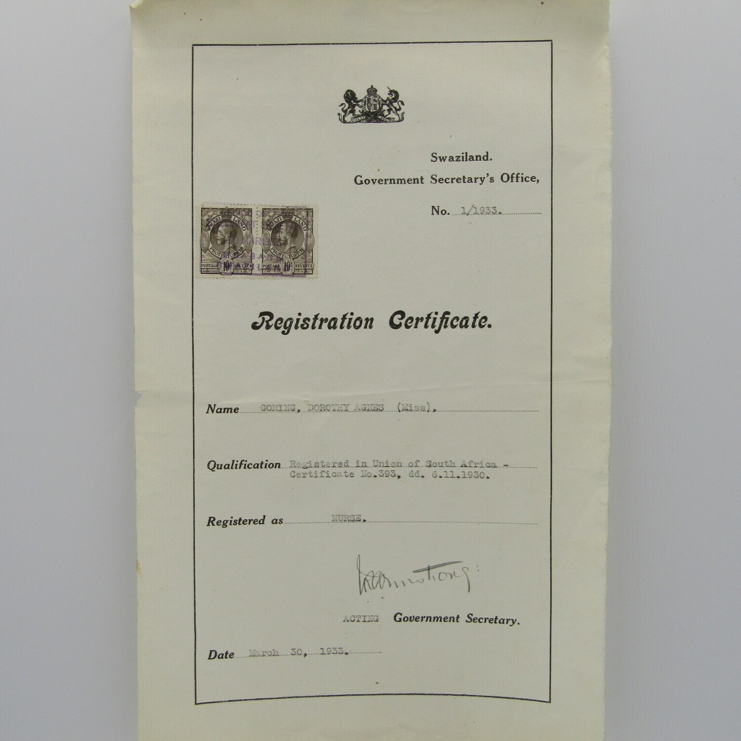 Swaziland Registration certificate for Nurse Miss Dorothy Agnes Goring - 30 March 1933