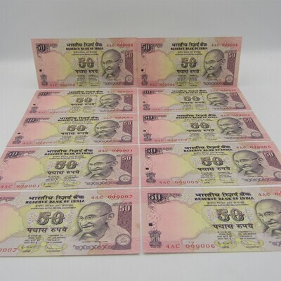 India lot of 10 x 50 rupee banknotes number 4AC 000001 to 4AC 000010 - uncirculated