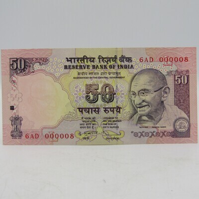 Lot of 10 x 50 Indian rupee banknotes numbers 6 AD000001 to 6AD000010