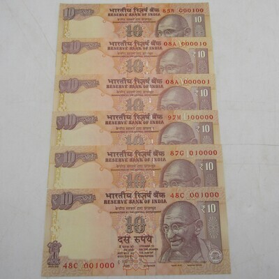 Lot of 6 x India Banknotes with number 000001, 000010, 000100, 001000, 010000, 100000 - uncirculated