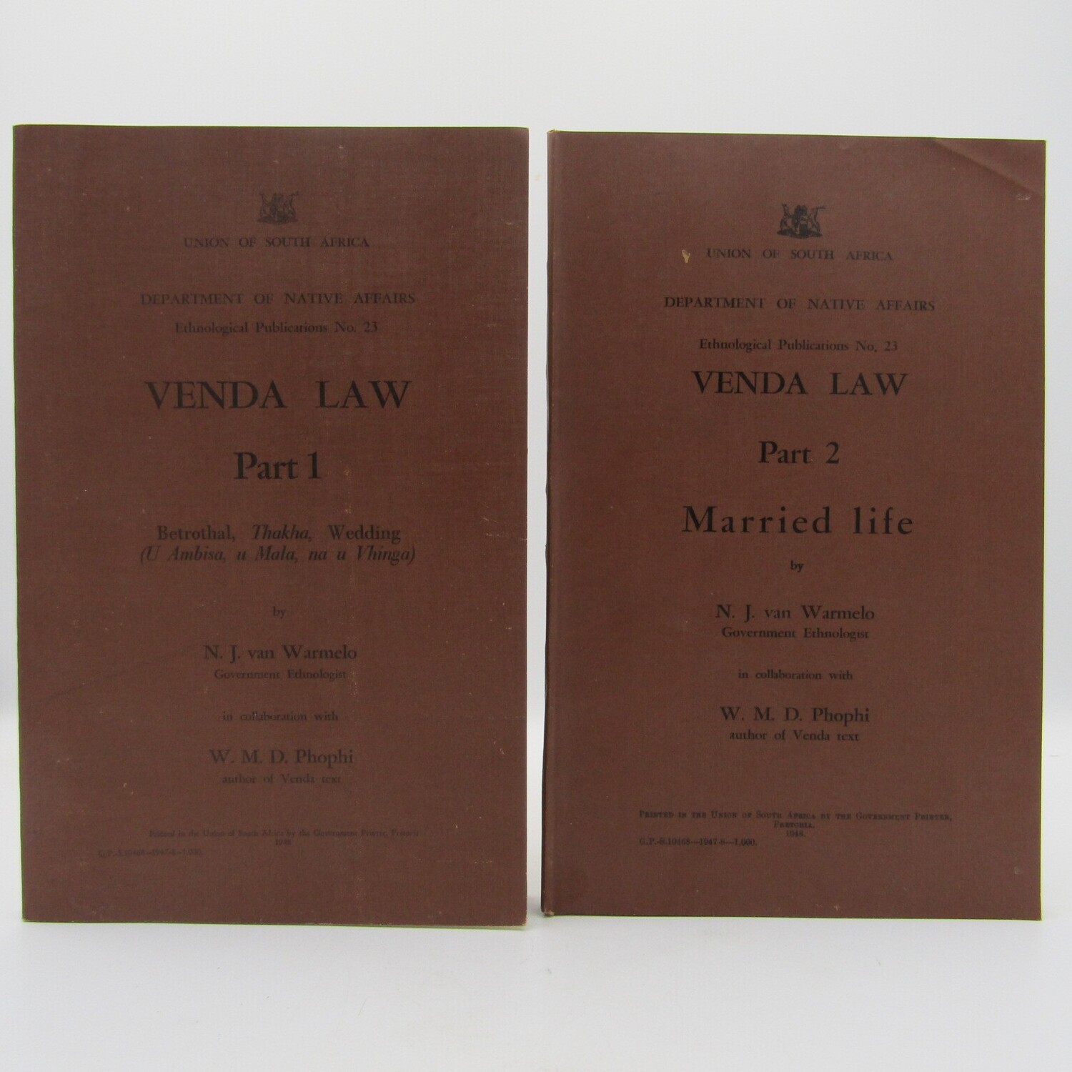 Union of South Africa - Department of Native Affairs publication 1948 Venda Law Part 1 &amp; Part 2