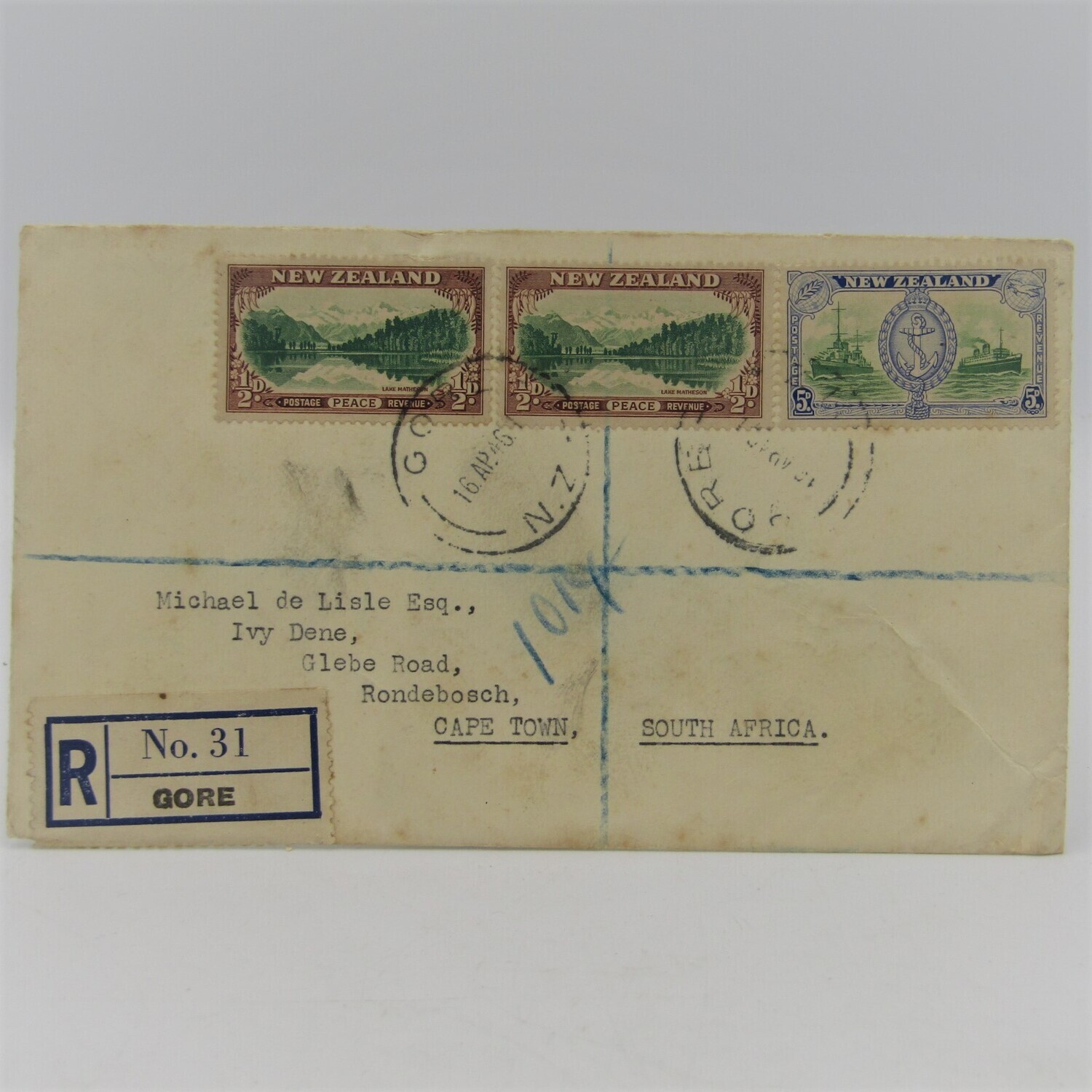 Registered Letter sent from Gore New Zealand to Rondebosch , South Africa
