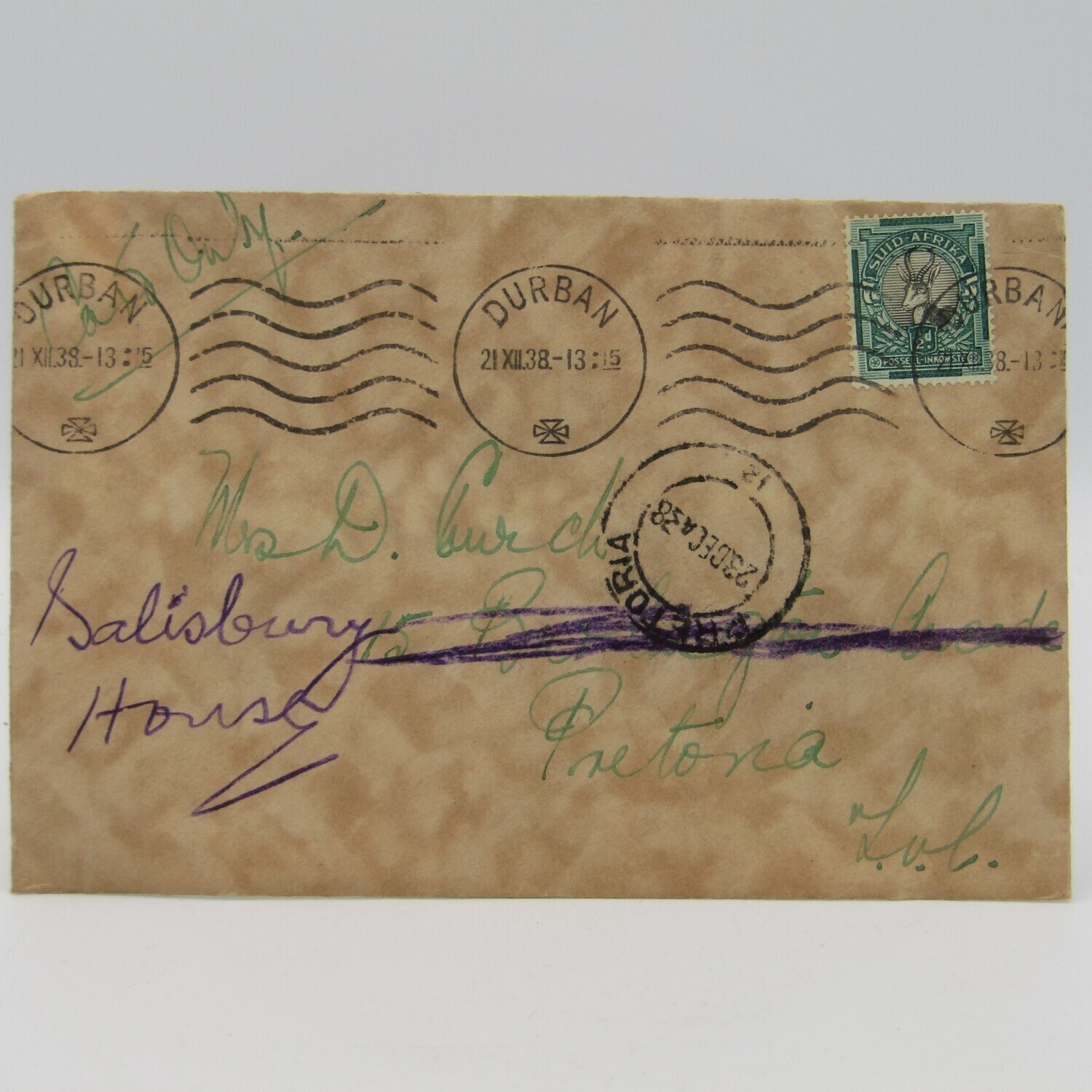Letter sent from Durban to Pretoria - redirected to Salisbury House - with 1/2 cent stamp