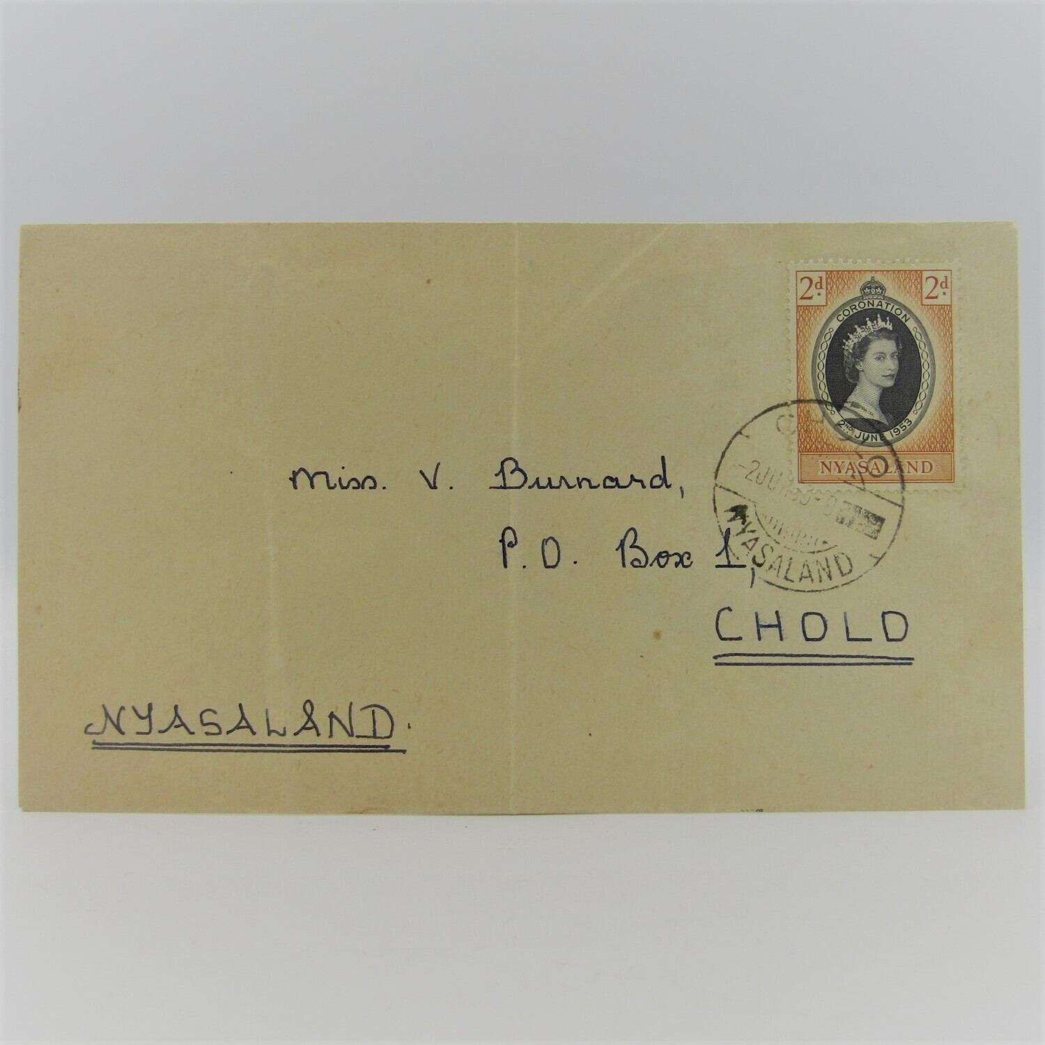 1953 Queen Elizabeth 2 coronation cover for Nyasaland - Addressed to Miss V Burnard P.O.Box 1, Cholo - Rare