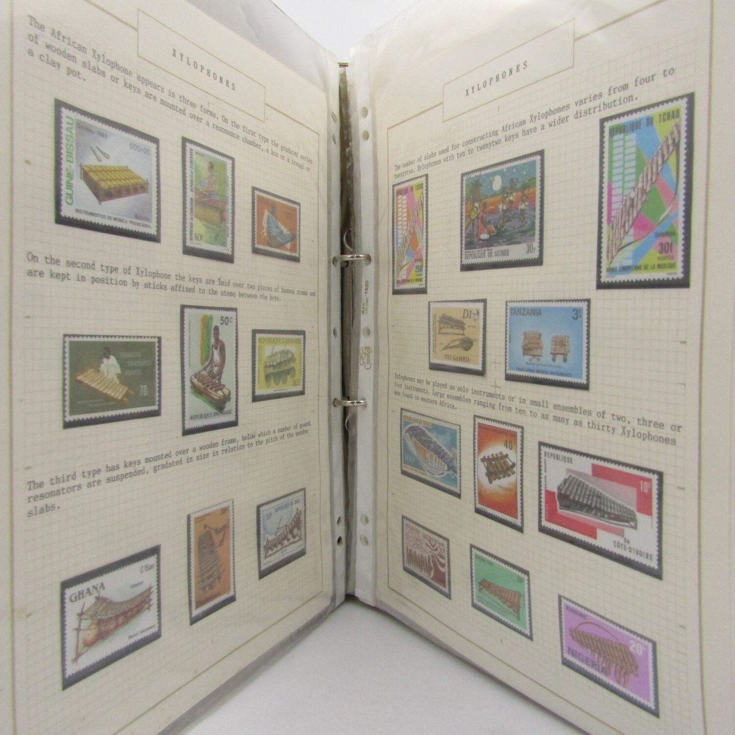 Thematic Stamp album African instruments 322 stamps unusual and excellent